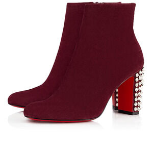 Christian Louboutin Suzi Folk 85 Prunus Red Suede Spike Ankle Heel Bootie 37